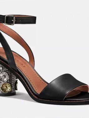 Coach Black Strappy Sandal Metal Flower Heel Buckle Design